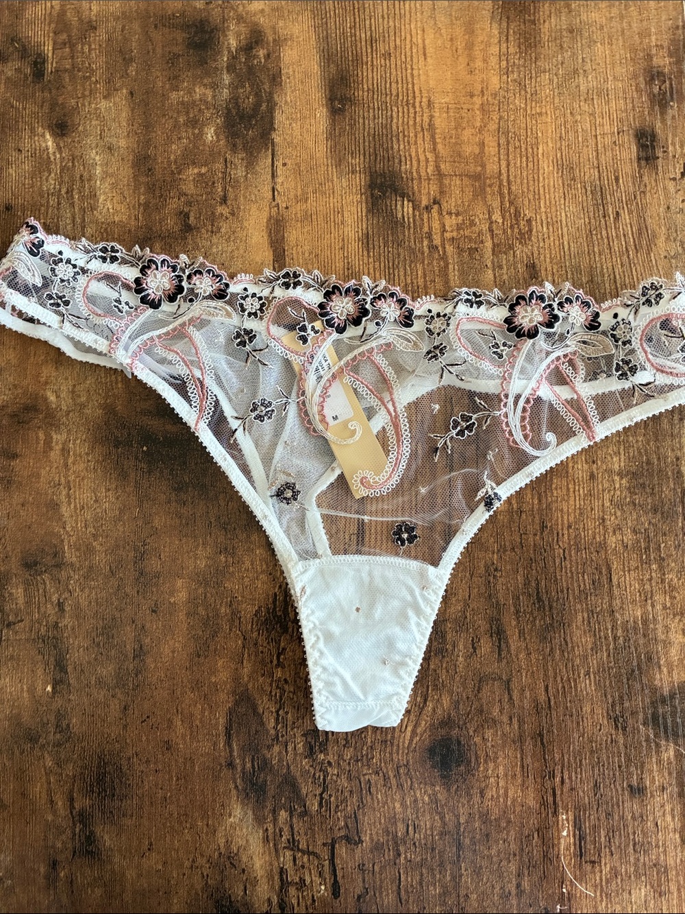 Cosabella Sheer Floral Embroidered Thong in White with Pink and Black Accents M
